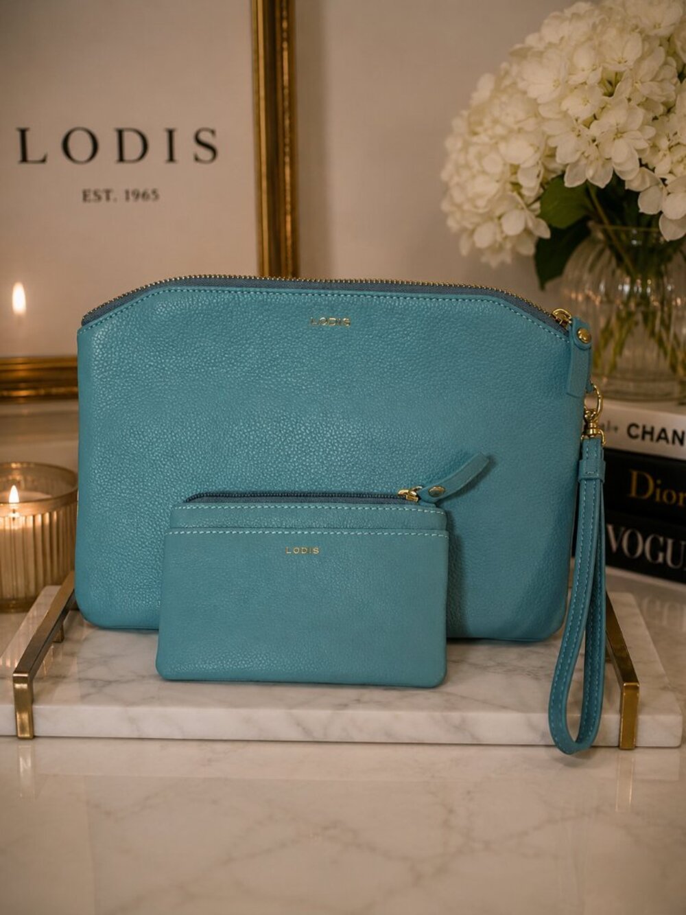 LODIS Eifel Light Blue Leather Wristlet Clutch & Card Case 2-Piece Set NWOT